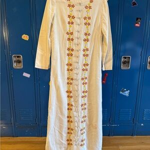 Vintage Mexican Cream Maxi Shift Dress with Floral Embroidery